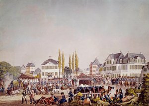 Emperor Napoleon I (1769-1821) reviews the troops in Frankfurt. Engraving from 1813. Frankfurt, Historical Museum by Unknown artist