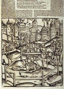 Aeneid by Virgil (70 BC-19 BC), Book XII, the Trojan hero Aeneas kills Turnus in battle under the eyes of the Latins and Rutulians. Xylography by Sebastian Brant (1458-1521). by Unknown artist