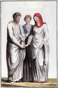 Engagement or promise of marriage: dextrarum iunctio or union of straight hands. Engraving of the 19th century