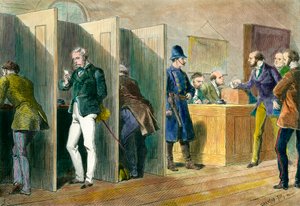 English democracy: Inside a polling station during elections in England with representation of the voting booths. Engraving of the 19th century by Unknown artist