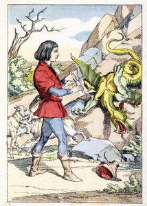 Engraving Representing a Pastor with a Knife Ready to Face a Dragon by Unknown artist