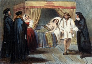 Episode of the test of manhood of Vincent I Gonzague (1562 - 1612), Duke of Mantua, for his marriage to the daughter of François de Medici, Eléonore in 1584. He was suspected of not having any heirs. Lithograph of the 19th century.