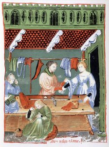 Fabric dealer (tailor?) and seamstress in the Middle Ages