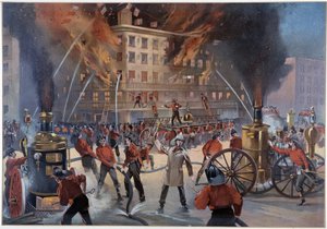 Fire and firefighters in New York by Unknown artist