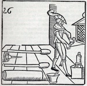 Fireworks and Fireworks: Artisan Making Fuses. Reproduction of the Engravings of the Work of the French Jesuit Jean Leurechon La Recreation Mathematiques, ou Interview Facetieux sur Plusieurs Plaisants Problemes, en fait d