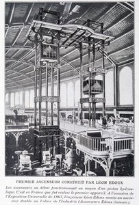 First elevator built by Léon Edoux at the 1867 universal exhibition