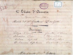 First page of sheet music for The Elixir of Love, opera by Gaetano Donizetti