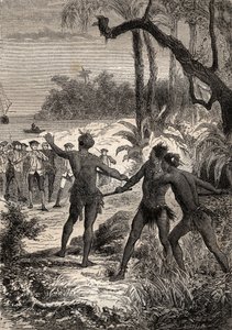 First voyage of Captain James Cook: while Cook and ten sailors sail on the southern coast of New Guinea, three Indians rose out of the wood with great screams - illustration taken from “The Great Mariners of the 18th century” by Unknown artist