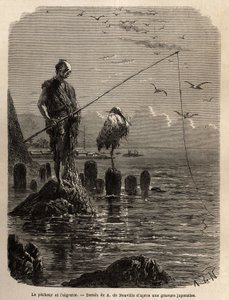 Fisherman of Yedo Bay (or Edo, present-day Tokyo), grabbed by an eagle, a low tide, the boats lay the fishermen on blocks of stone laid dry in the bay, the latter remain straight, motionless and fish with the hook of the fish that they slide in a long line by Unknown artist