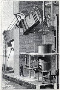 Former steam machine of Thomas Newcomen currently operating near Bristol in England. Engraving in 