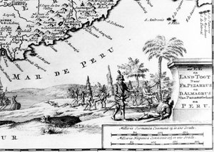 Francisco Pizarro represented on a map of Peru. 17th century. by Unknown artist