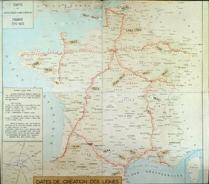 French geographic map showing air telegraphic lines. The beginning of the 19th century. Paris, Musee de la Poste by Unknown artist
