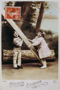 French Postcard Showing a Young Boy and Girl Playing by Unknown artist