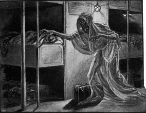 French propaganda against the Spanish influenza epidemic: the disease is represented allegorically as a worrying figure approaching a person asleep in the dormitory of a migrant ship