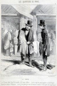 Fripier from the temple district in Paris trying to sell clothes to a man. Engraving of the 19th century