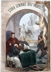 Frontispiece of The General History of the Inquisition by Pietro Tamburini with an illustration depicting scenes of symbolic inquisition. Milan 1850 by Unknown artist