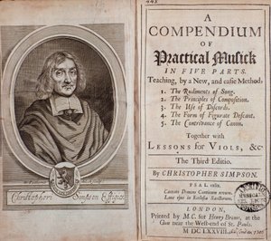 Frontispiece of Compendium of practical music in five parts with lessons of viola da gamba by Cristopher Simpson