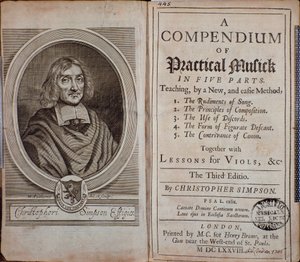 Frontispiece of Compendium of Practical Music with portrait of Christopher Simpson