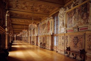 Galerie Francois I at the castle of Fontainebleau: woodwork and wall paintings made in the 16th century
