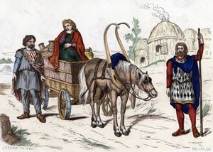 Gallic housing, woman, peasant, chariot, rich farmer, harness from “Les Costumes civil et militaires des Français dans travers les siècles”. Paris F. Roy 1882.