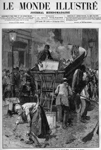 Garbage box, the new truck rue du Cherche Midi in Paris. Men and women picking up waste on a street in Paris to put it in a cart, thus cleaning up life