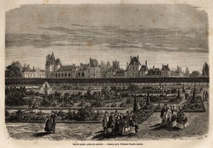General view of the palace and gardens of Fontainebleau, taken from the floor. Engraving to illustrate a description of the castle and forest of Fontainebleau, in 1867, by M.Pays, in Le tour du monde, nouveau journal des voyages published under the direc by Unknown artist
