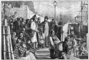 German emigrants for New York embarking on Hamburg steamer in 1874 - engraving