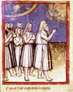 God blessed Noe and his family survivors of the Deluge. Miniature from the codex 212 (or Bible of Padua)