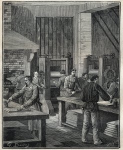 Goldsmith: preparation of the plate, preparation of the metal for the execution of a special silverware. Engraving from 1885 in 