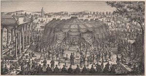 Grand Banquet given by Tamerlane (1336-1405) in the plain of Khani Gheul to celebrate the marriage of his grandchildren. Engraving 19th century. by Unknown artist