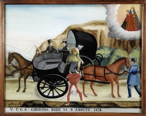 Hanging between two carrioles and the fall of a passenger - Painting on glass, ex-voto by Notre Dame de Laghet