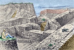 Heinrich Schliemann Taking Drawings of the Walls of Troy (Hissarlik) During Excavations