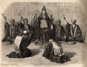 High Buddhist priest being adored, surrounded by his disciples rhythming the ritual with gong and cymbals. Engraving to illustrate the voyage to Japan in 1863-1864, by Aime Humbert, minister of the Swiss Confederation, in Le tour du monde, nouveau journal by Unknown artist
