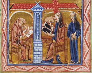 Hildegard of Bingen receives a vision in the presence of her secretary Volmar and her confidante Richardis
