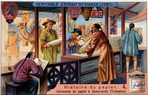 History of Paper. 4. Paper trade in Samarkand (Turkestan). Liebig chromolithography by Unknown artist