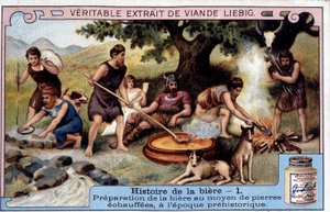 History of Beer: Preparation of Beer with Warm Stones in Prehistoric Times - Liebig Advertising Sticker