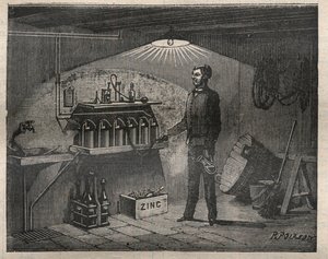 Home Electricite: Installation of the battery invented by Radiguet in a cellar - Engraving in 