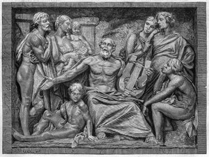 Homer singing with his lyre in a town in Ionia. Engraving after the low relief of Mr. Hugues, grand sculpture prize of the 1875 school competition.