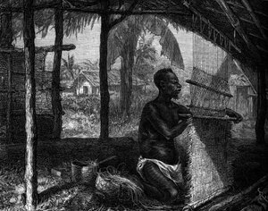 Human Zoo: Weaver from Gabon at the World Exhibition of 1889. Engraving in Le Journal de la Jeunesse by Unknown artist