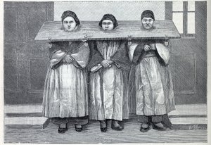 Hunting in China: The Cangue, an Apparatus of Torment for Infanticide Mothers. Engraving in 