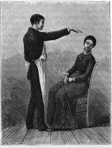 Hypnotism phenomena: hypnotism is produced by suddenly extending the hand in front of the patient. Engraving from 1881. by Unknown artist