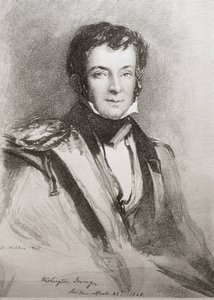 US novelist and historian Washington Irving. Portrait made in Sevilla (1828). Lithography