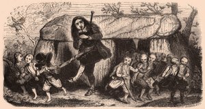 Illustration of a legend after Breton traditions: the Lao bagpipe player and goblins dancing in front of a dolmen