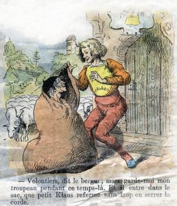 Illustration of the late 19th century for the tale by Hans Christian Andersen (1805-1875) “Grand Claus and Little Claus” (Klaus). Private collection.