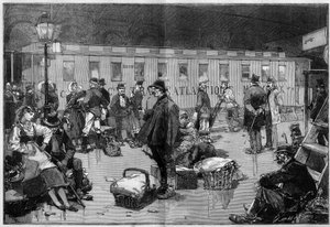 Immigration. Departing of emigrants in Europe to the United States of America: Special wagon of the General Transatlantic company going from the borders of Germany and Switzerland to Havre where passengers will board for New York. Engraving in Le Monde by Unknown artist