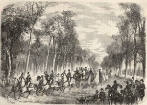 Imperial hunting in Compiegne in the presence of Napoleon III (1808-1873) and Empress Eugenie (1826-1920). Engraving in 