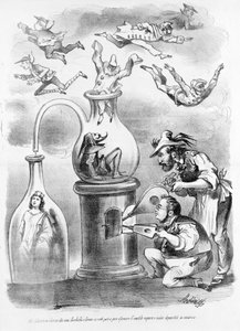 In the alchemy laboratory of the associates Garibaldi and Cavour we see gradually dissipating the unnecessary steam (represented by the masks of the Italian regions), and remaining the substance (Italy) caricature of the satirical newspaper Il Fischietto by Unknown artist