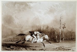 A horse galloping carrying a man tied up by Unknown artist