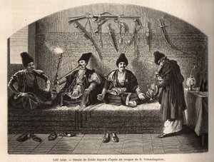 Inside a Tatar Cafe in Schoucha (Transcaucasia, Russia), Where Men Meet to Drink Tea and Smoke Shisha. Engraving to Illustrate the Voyage in the Provinces of the Caucasus, by Basile Vereschaguine, 1864-1865, Published in 