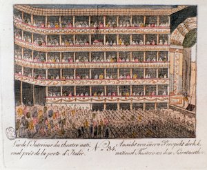 Interior view of the National Theatre near the Italian Gate in Vienna, Austria. Engraving of 1815